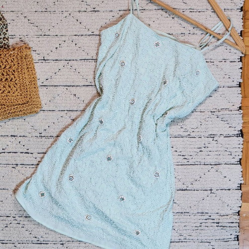 Mini dress with embroidered beads and flowers like new, turquoise
