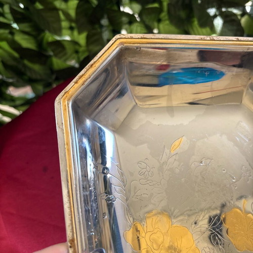 Vintage octagonal silver platter with gold floral details like new