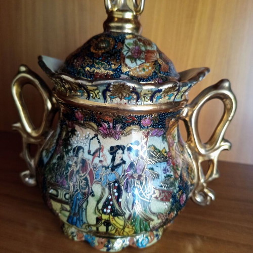 Vintage Japanese Satsuma porcelain jar with lid and gold handles