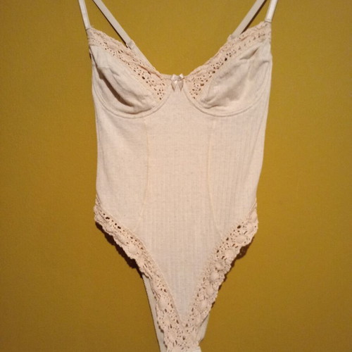 Vintage cotton lace bodysuit M/L, new, grey and beige