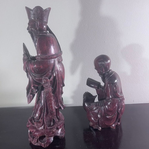 Vintage Chinese Handcrafted Wood Carved Figures Set of 2
