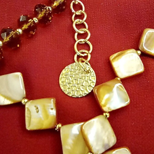 Necklace with Mother of Pearl and Brown Crystals like new, elegant handmade design