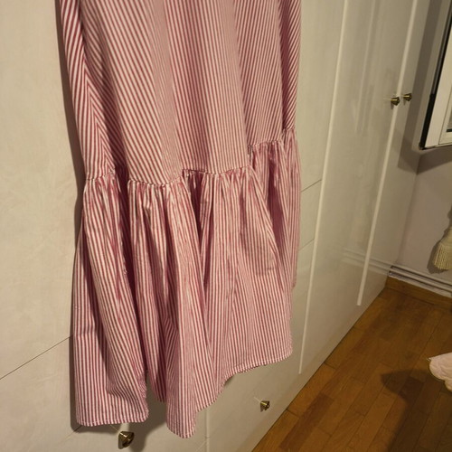 Red and white striped midi dress with ruffles, cotton, size M
