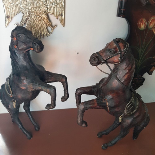 Vintage leather horse pair used, handmade decoration