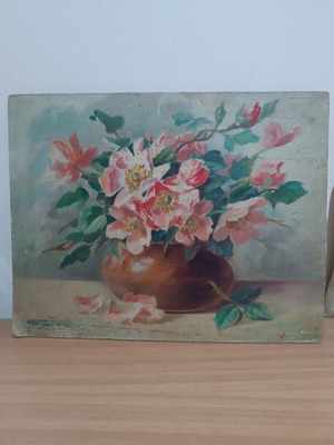 Vintage oil painting used, floral still life with hidden sketches