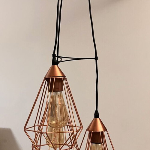 Metal copper-colored triple pendant light with Edison bulbs like new