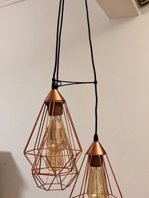 Metal copper-colored triple pendant light with Edison bulbs like new
