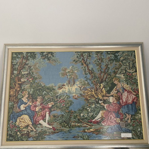 Gobelin tapestry painting 90x65cm, handmade, romantic French countryside scene