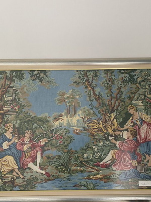 Gobelin tapestry painting 90x65cm, handmade, romantic French countryside scene