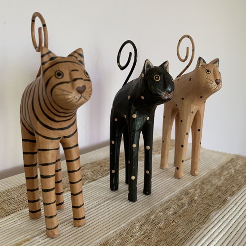 Handmade wooden cat set of 3 with wire tails, new