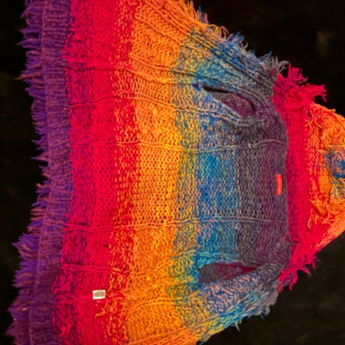 Handmade knitted cardigan rainbow hippie style with hood and fringes