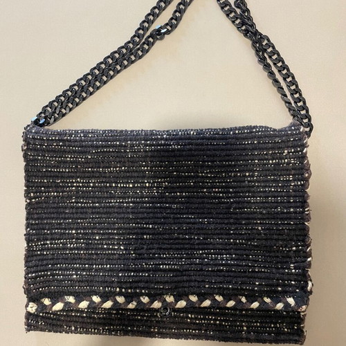 Handmade fabric shoulder bag with chain, black, new
