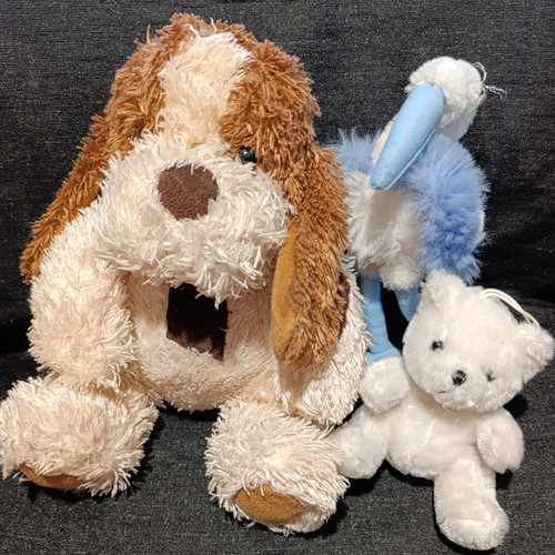 Set of 3 plush toys: dog, bear, and bird