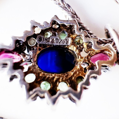 Vintage 925 Silver Pendant with Multicolored Stones and 9K Gold