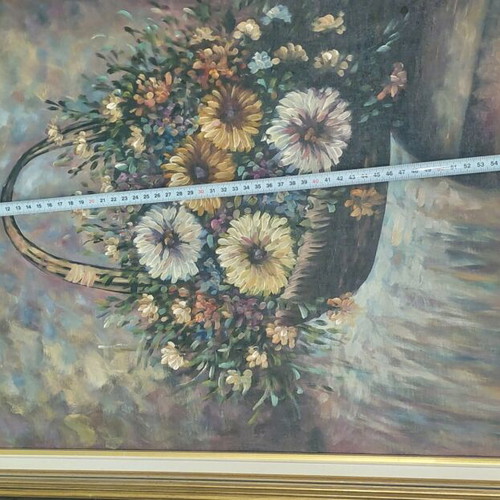 Vintage oil painting on canvas used, still life with flowers and frame