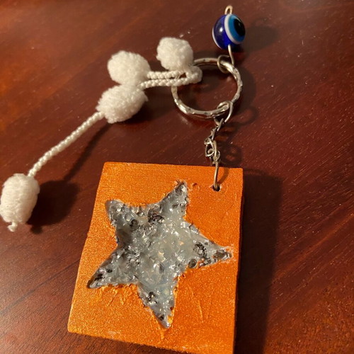 Wooden keychain with ciel stones and evil eye new