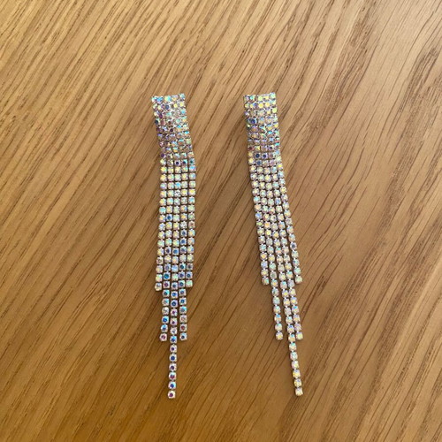 Asymmetric long evening earrings with rhinestones