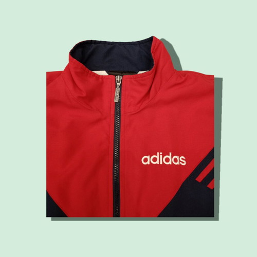 Adidas vintage 90s track jacket used, red and navy with zigzag design, size S