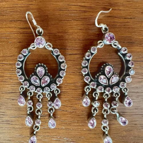 Silver chandelier earrings used with pink semi-precious stones
