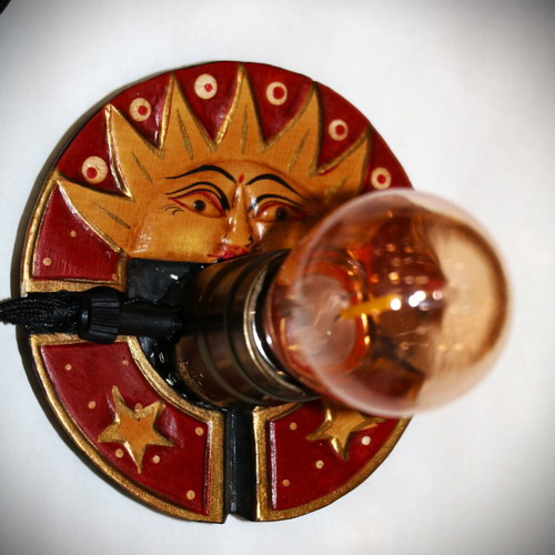Sun Antique Lamp with Teak Wood Base and Warm Yellow Light