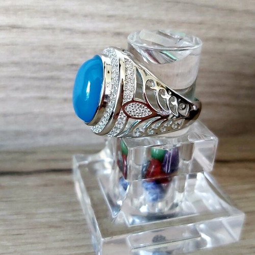 Men's silver 925 ring with natural light blue agate new