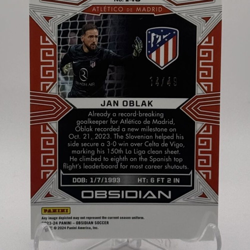 Panini Obsidian 2023-24 Jan Oblak /49 Atletico Madrid card