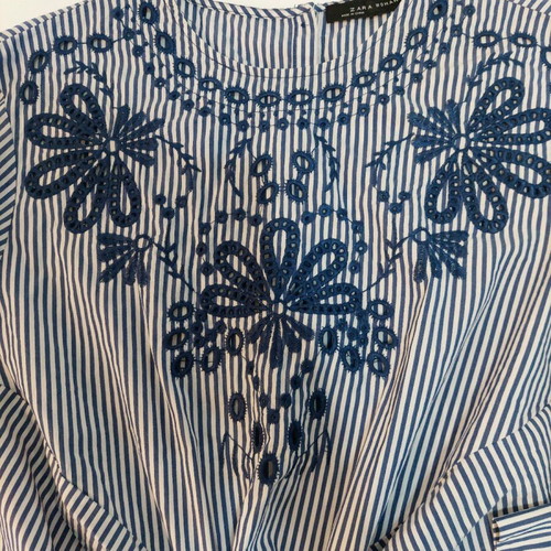 Zara women's striped blouse white blue with embroidery like new XS-Small