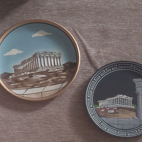 Ceramic plates with Acropolis Parthenon theme set like new, handmade