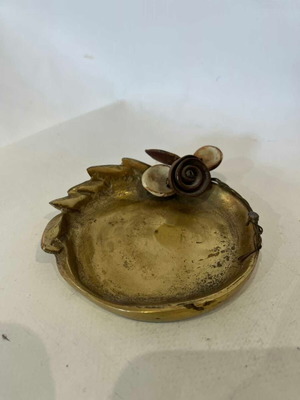 Vintage brass handmade dish decorated with rose and leaves Art Nouveau 10cm