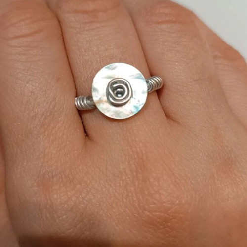 Ring with iridescent shell button adjustable, handmade silver