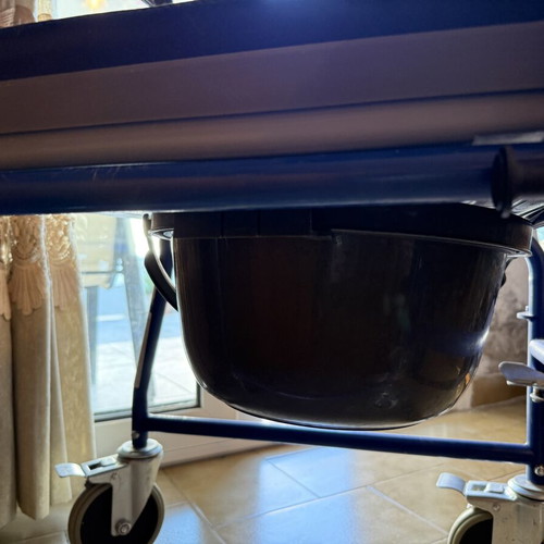 Bathroom wheelchair with bucket and cushion