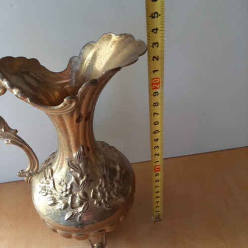 Vintage large metal amphora 24cm used, 1950s-60s brass-tin