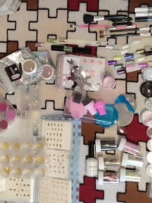 Large nail art set like new with glitter, foil, rhinestones, and decorations