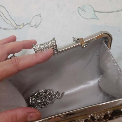 Evening bag with rhinestones and stones, new, shoulder type, gray multicolor