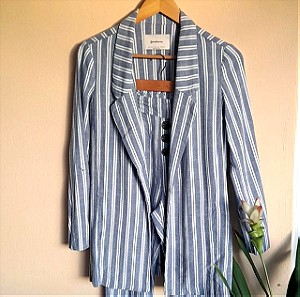 SET Stradivarius striped linen blazer jacket and trousers in blue - ΑΝΟΙΞΗ, ΚΑΛΟΚΑΙΡΙ