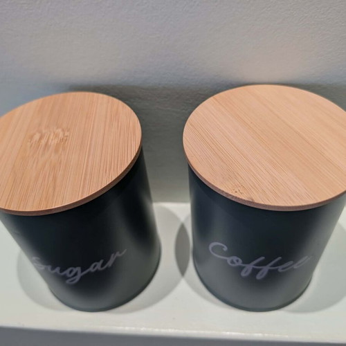 Metal storage boxes with baboo lid, new, for sugar and coffee