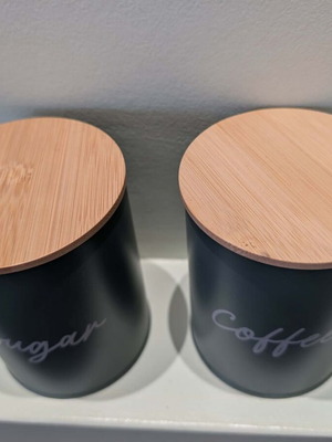Metal storage boxes with baboo lid, new, for sugar and coffee