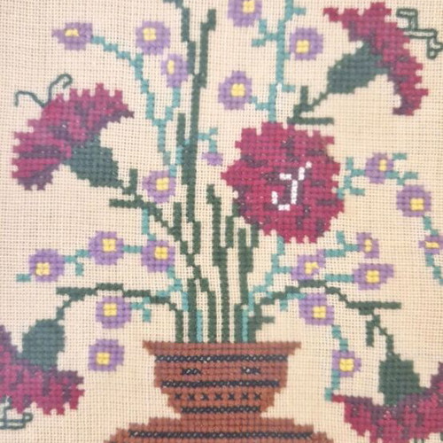 Vintage handmade embroidery with flowers in wooden frame 22x18 cm like new