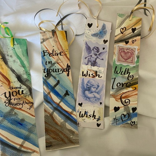Handmade bookmarks pack of 4, watercolor and collage