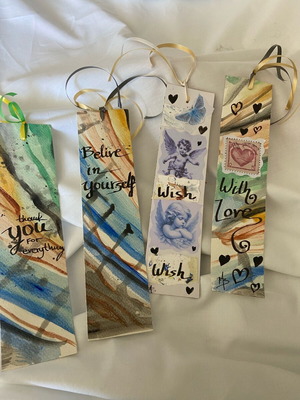 Handmade bookmarks pack of 4, watercolor and collage