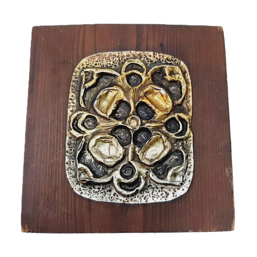 Vintage Brutalist Brass Wall Plaque on Wood used
