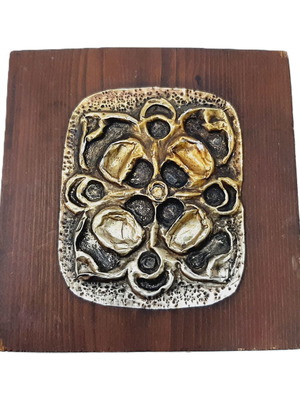 Vintage Brutalist Brass Wall Plaque on Wood used