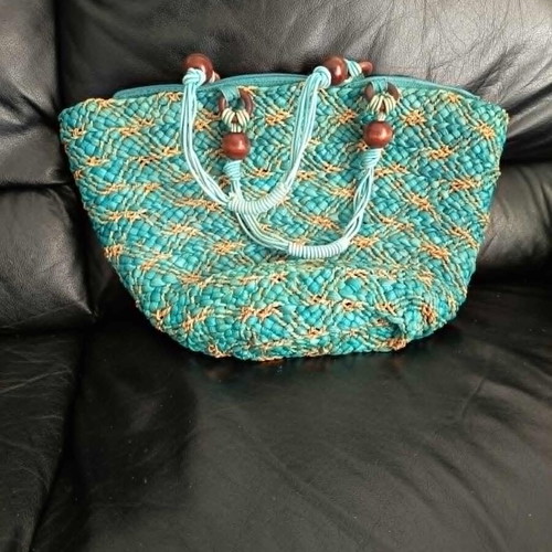 Woven shoulder bag used, green and turquoise