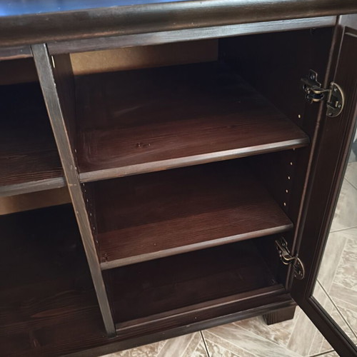 TV cabinet used, dark brown wenge with glass and adjustable shelves