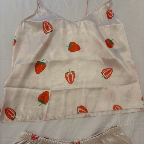 Satin pink pajamas with strawberries new, size S/M