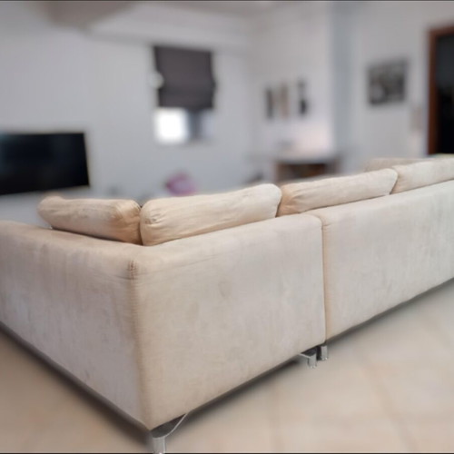 Corner sofa used, beige stain-resistant suede