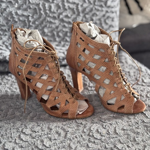Leather lace-up heels Artisan used, beige, size 36, cut-out design