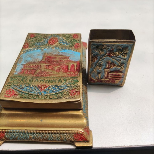 Bronze Notebook and Matchbox Holder set painted, like new