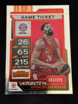 Panini Euroleague Contenders 25/26 Spencer Dinwiddie Bayern Orange Game Ticket καινούργιο