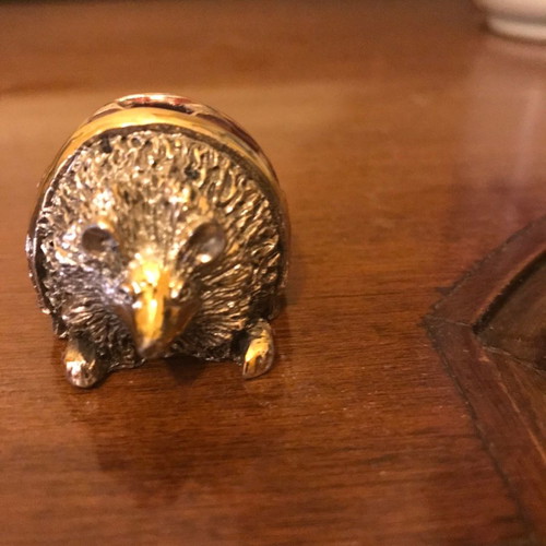 Hedgehog and lion set used, miniature enamel figurines